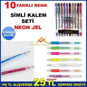 10 FARKLI RENK PENSAN SİMLİ NEON JEL KALEM SETİ