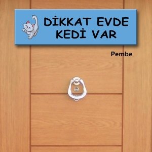Kapı Süsü Tabelası Kanvas Tablo 10x40cm Dikkat Evde Kedi Var Mavi