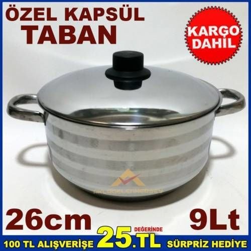 26cm İNDÜKSİYON KAPSÜL TABANLI ÇELİK KAPAKLI PASLANMAZ ÇELİK DERİN TENCERE