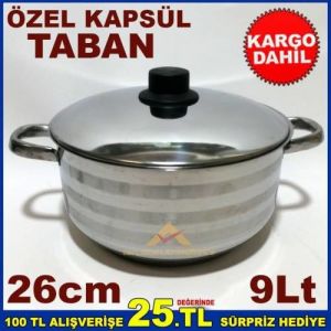 26cm İNDÜKSİYON KAPSÜL TABANLI ÇELİK KAPAKLI PASLANMAZ ÇELİK DERİN TENCERE