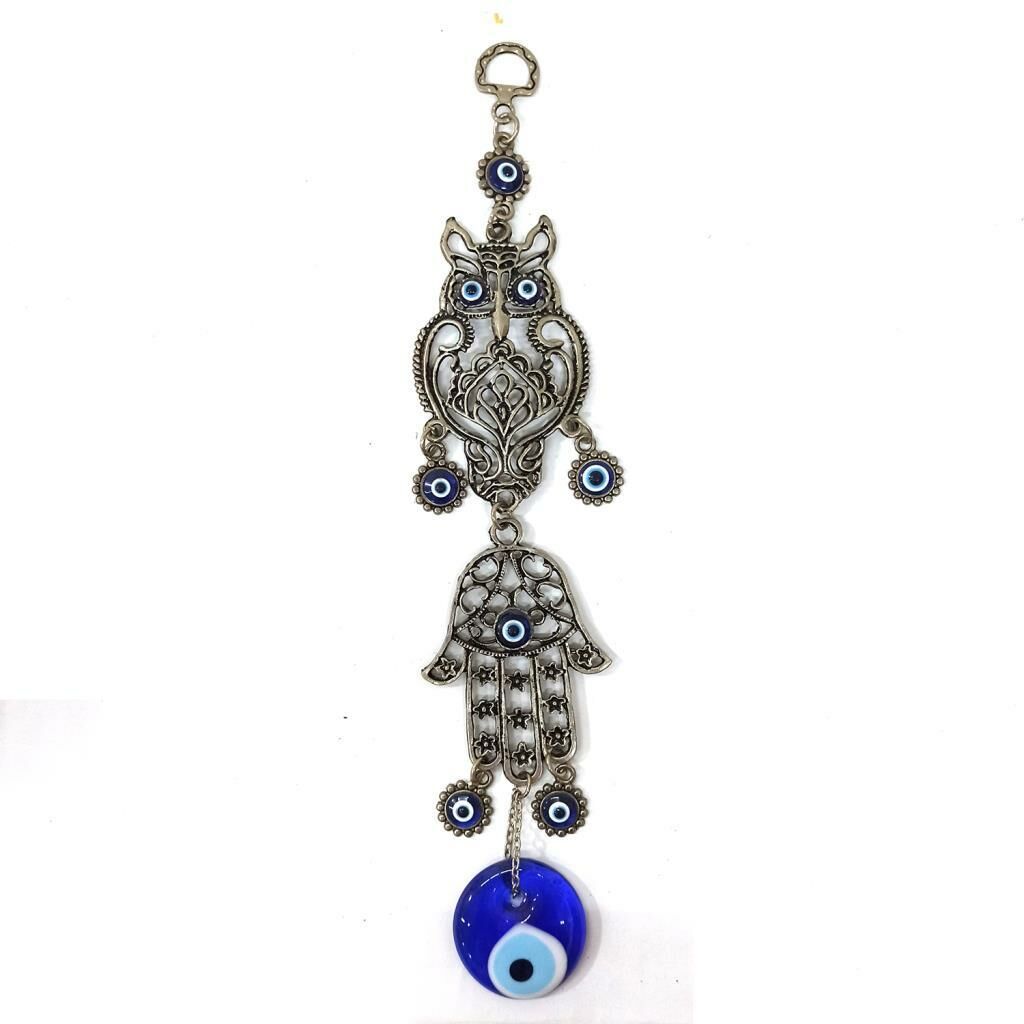 Dekoratif Nazar Boncuklu Metal İşlemeli Baykuşlu Duvar Süsü 28.5 cm Yükseklik