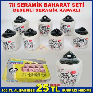 TEKCAN DESENLİ 7li KAPAKLI SERAMİK BAHARAT SETİ