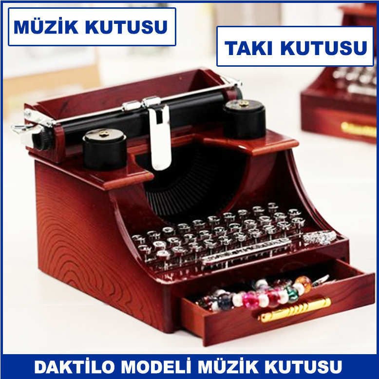 Klasik Daktilo Modeli Çekmeceli Kurmalı Müzik Kutusu - Mücevher ve Takı Kutusu