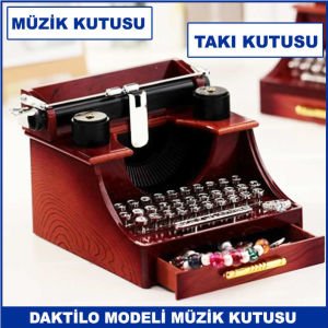 Klasik Daktilo Modeli Çekmeceli Kurmalı Müzik Kutusu - Mücevher ve Takı Kutusu