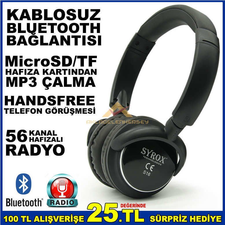 SYROX RADYOLU-HAFIZA KARTI GİRİŞLİ-BLUETOOTH KULAKLIK(TELEFON BİLGİSAYAR)-KABLOSUZ AUX GİRİŞLİ