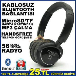 SYROX RADYOLU-HAFIZA KARTI GİRİŞLİ-BLUETOOTH KULAKLIK(TELEFON BİLGİSAYAR)-KABLOSUZ AUX GİRİŞLİ