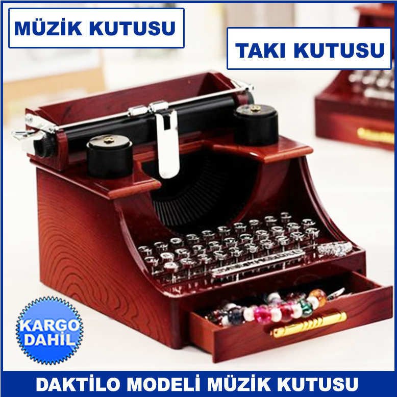 Klasik Daktilo Modeli Çekmeceli Kurmalı Müzik Kutusu -Mücevher ve Takı Kutusu
