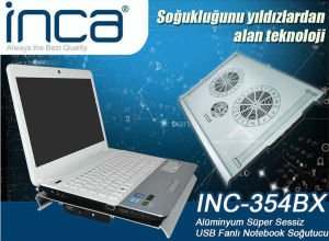 İNCA INC-354BX ALÜMİNYUM PANEL SÜPER SESSİZ CİFT FANLI 7''-17'' NOTEBOOKLAR İÇİN NOTEBOOK SOĞUTUCU