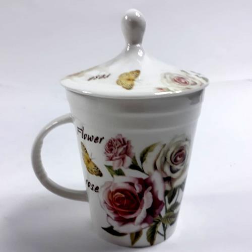 Porselen Kupa Kapaklı Filtreli Bitki Çayı İçin Özel Kupa 14 Cm