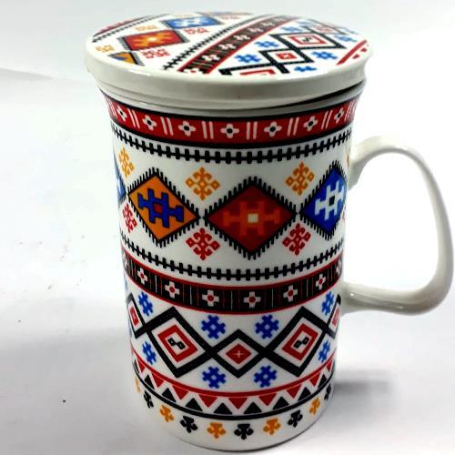 Porselen Kupa 2 Kapaklı Filtreli Bitki Çayı İçin Özel Kupa 14 Cm