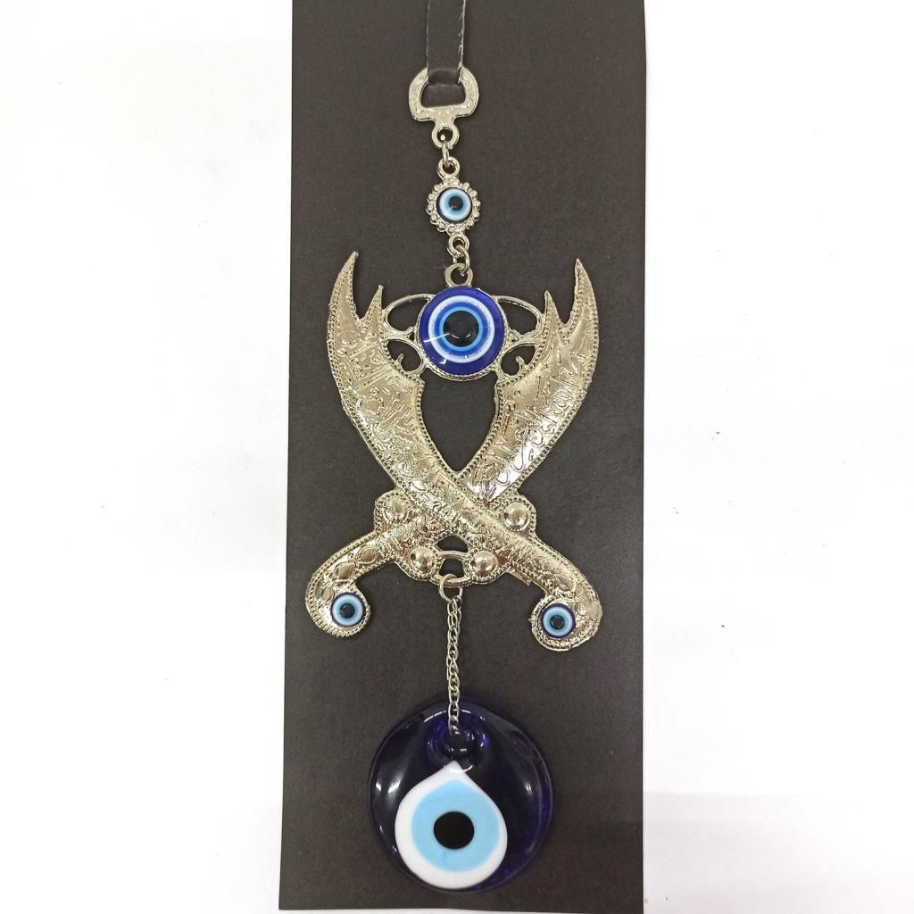 Dekoratif Nazar Boncuklu Metal İşlemeli Kılıç Şekilli Duvar Süsü 24 cm Yükseklik