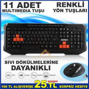 EVEREST WIRELESS MULTIMEDIA COMBO KABLOSUZ RENKLİ YÖN TUŞLU OYUNCU KLAVYE MOUSE SETİ