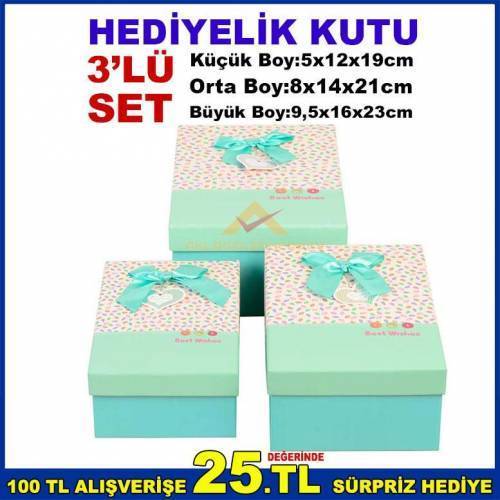 Dikdörtgen Şeklinde İç İçe Geçmeli 3'lü Set Kurdeleli Hediyelik Kutu