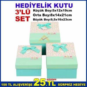Dikdörtgen Şeklinde İç İçe Geçmeli 3'lü Set Kurdeleli Hediyelik Kutu