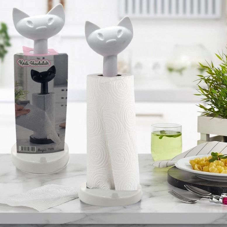 Kedi Tasarımlı Plastik Masa Üstü Kağıt Havluluk Standı Beyaz Renk Dekoratif Kedi Havluluk