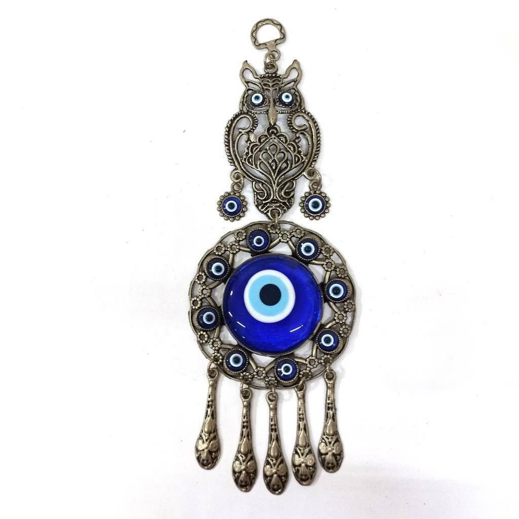 Dekoratif Nazar Boncuklu Metal İşlemeli Baykuşlu Duvar Süsü 25 cm Yükseklik