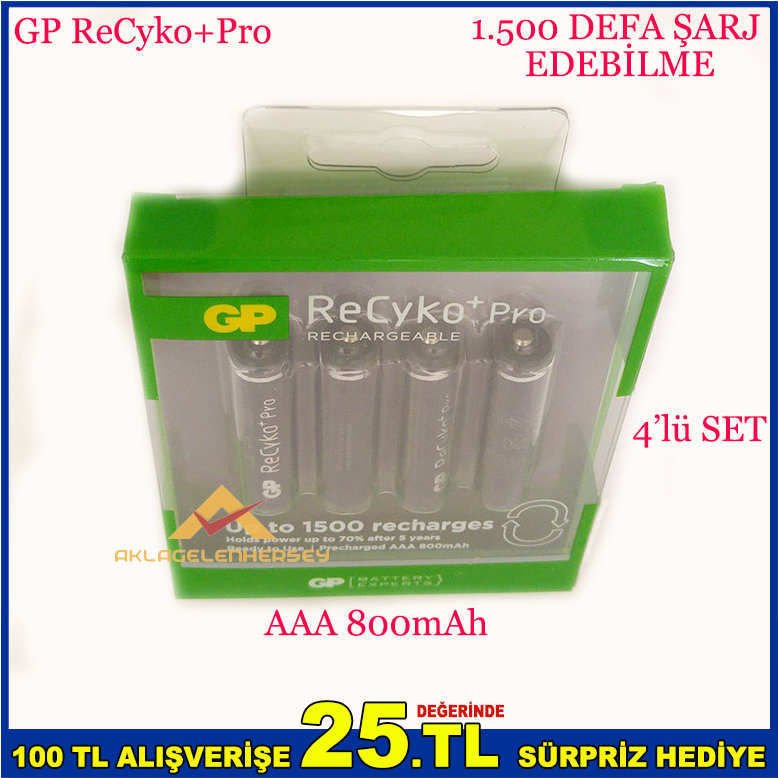 4 ADET GP RECYKO+ 800MAH ŞARJLI İNCE KALEM PİL -1