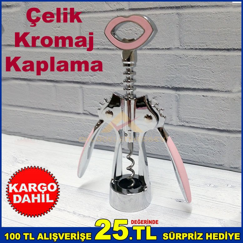 Çelik Kromaj Kaplama Şık Dekoratif Tirbüşon Şarap Mantar Tıpa Gazoz Açacağı Sağlam Çelik Tirbişon