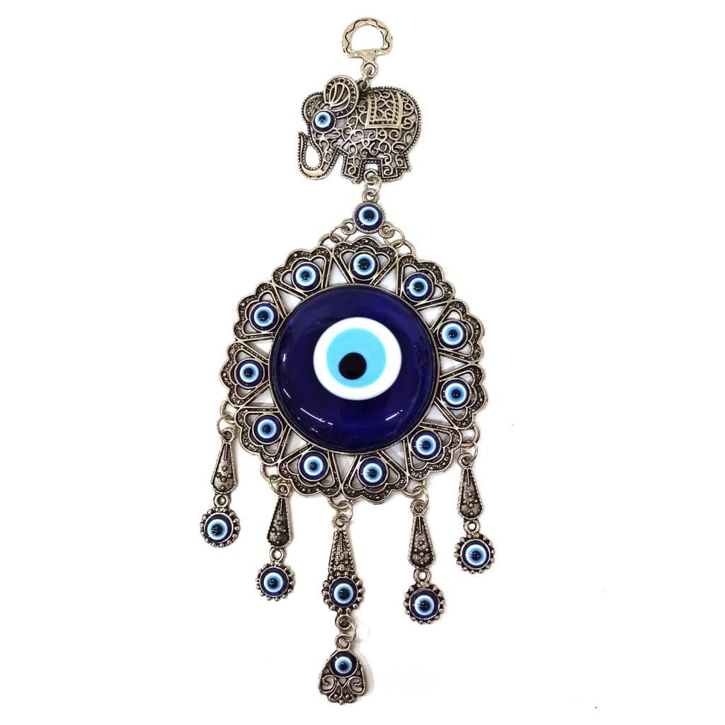 Dekoratif Nazar Boncuklu Metal İşlemeli Fil Figürlü Duvar Süsü 27.5 cm Yükseklik