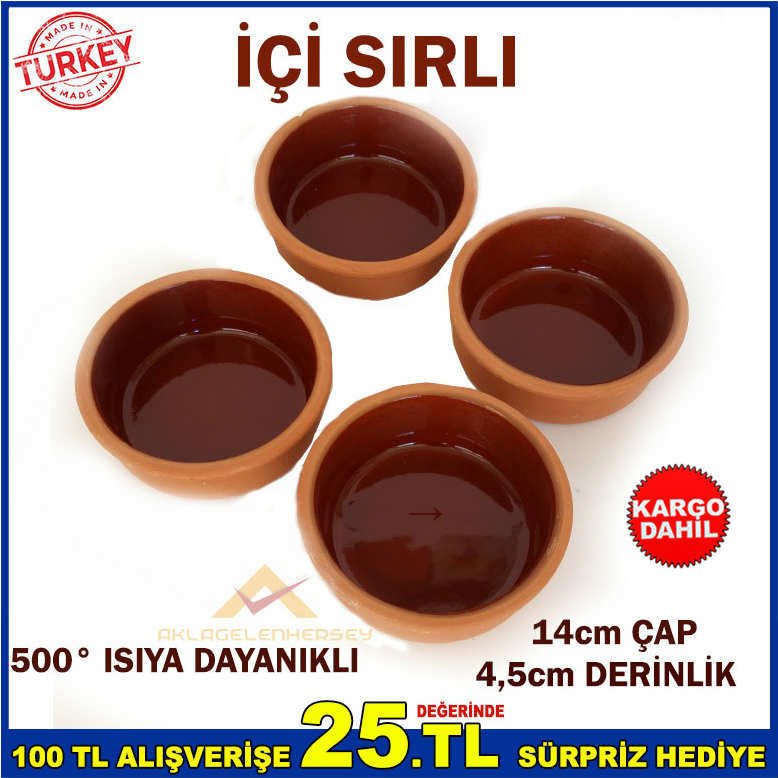 4 ADET BÜYÜK BOY TOPRAK GÜVEÇ KABI, DUBLE PORSİYON YUVARLAK 14cm BÜYÜK GÜVEÇ FIRIN KASESİ