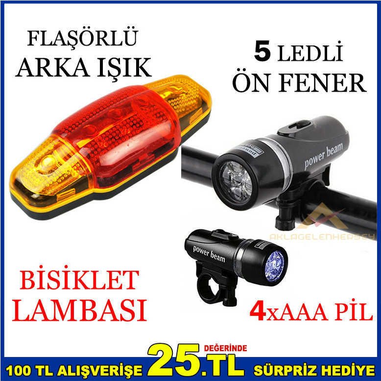 5LEDLİ BİSİKLET ÖN FENER FLAŞÖRLÜ ARKA IŞIK SETİ