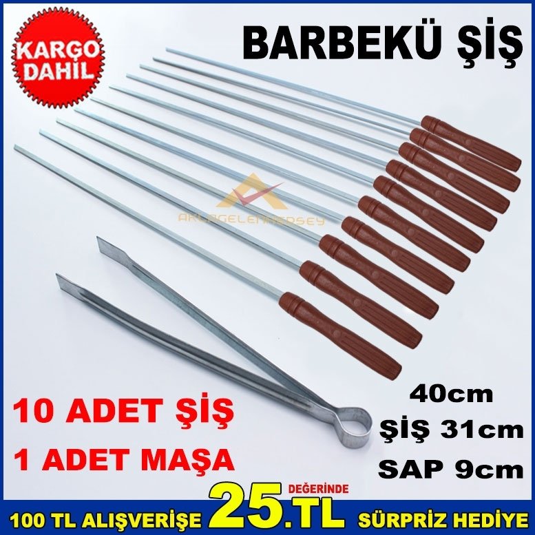 10 ADET ŞİŞ 1 ADET MAŞA'DAN OLUŞAN 40CM MANGAL,BARBEKÜ ŞİŞ TAKIMI