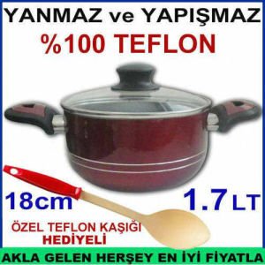 TEFLON KAŞIĞI HEDİYELİ 18cm CAM KAPAKLI YANMAZ YAPIŞMAZ TEFLON TENCERE-1
