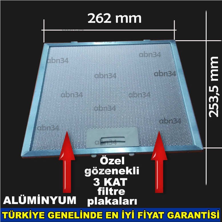 Alüminyum Davlumbaz Filtresi 262x253.5mm Ankastre Filtresi 26.2x25.3cm Alüminyum Kartuş Filtre abn34