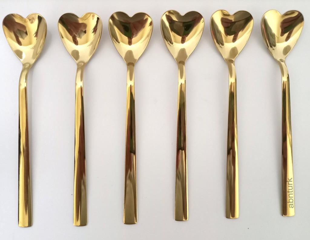 6 adet Altın Kaplama Kalp Stil Dondurma Kaşığı Paslanmaz Çelik 14K Kaplı Gold 6lı Nescafe Kaşık Seti