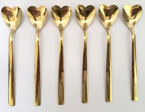 6 adet Altın Kaplama Kalp Stil Dondurma Kaşığı Paslanmaz Çelik 14K Kaplı Gold 6lı Nescafe Kaşık Seti