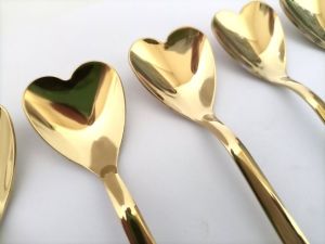 6 adet Altın Kaplama Kalp Stil Dondurma Kaşığı Paslanmaz Çelik 14K Kaplı Gold 6lı Nescafe Kaşık Seti