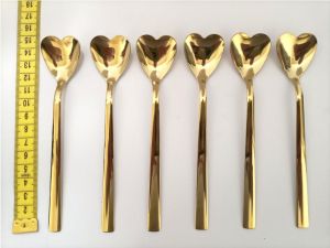 6 adet Altın Kaplama Kalp Stil Dondurma Kaşığı Paslanmaz Çelik 14K Kaplı Gold 6lı Nescafe Kaşık Seti