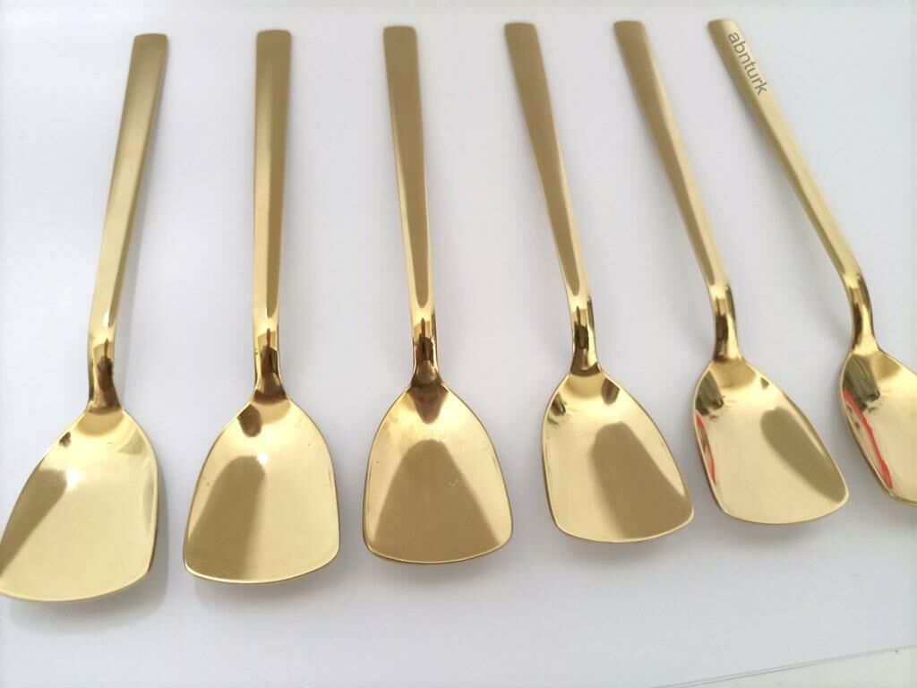 6 adet Altın Kaplama Klasik Dondurma Kaşığı Paslanmaz Çelik 14K Kaplı gold-plated 6pc icecream spoon
