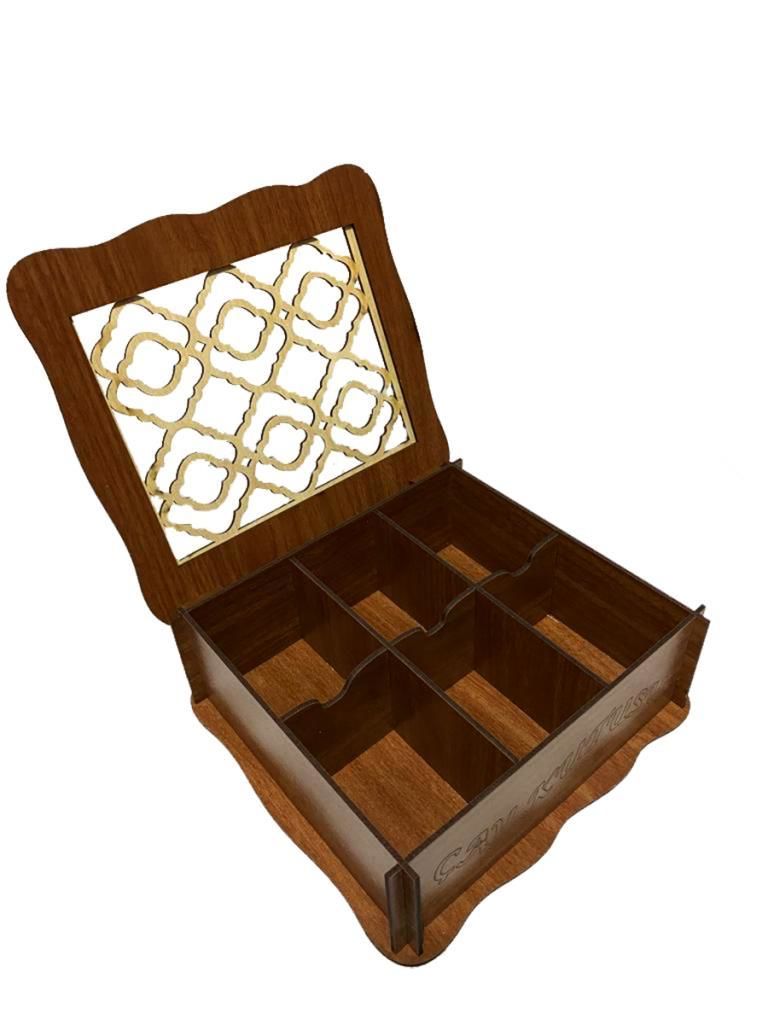 Ahşap İşlemeli Kapak 6 Bölmeli Çoklu Poşet Çay Saklama Kutusu