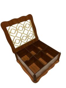 Ahşap İşlemeli Kapak 6 Bölmeli Çoklu Poşet Çay Saklama Kutusu