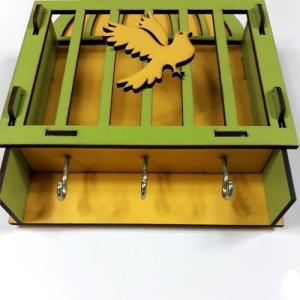 Kuş Desenli Ahşap Mektup Kutusu Zarflık Anahtarlık 25x16 cm