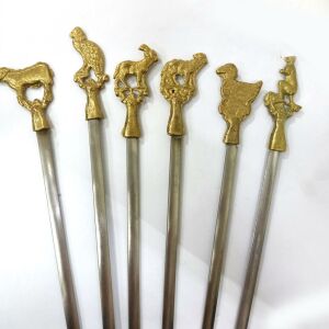 Paslanmaz Çelik 6'lı Barbekü Şiş Seti, Hayvan Şeklinde Pirinç Kulplu