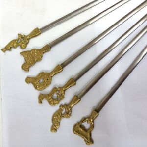 Paslanmaz Çelik 6'lı Barbekü Şiş Seti, Hayvan Şeklinde Pirinç Kulplu