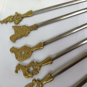 Paslanmaz Çelik 6'lı Barbekü Şiş Seti, Hayvan Şeklinde Pirinç Kulplu