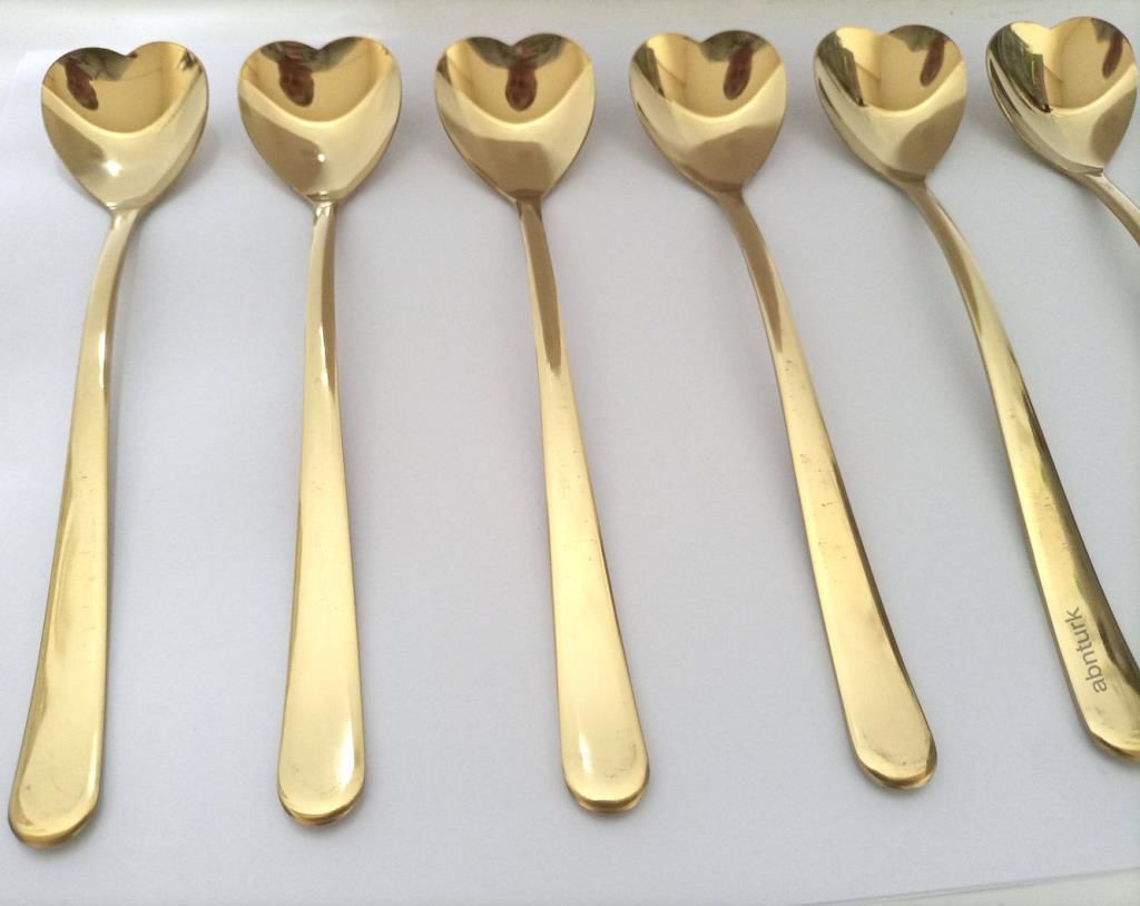 Milano 6adet Altın Kaplama Kalp Stil 18cm Uzun Shaker Kaşığı Paslanmaz Çelik 14K gold uzun Kup Kaşık