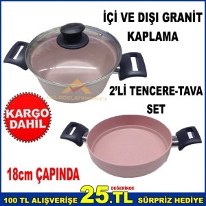 18cm İÇ VE DIŞ GRANİT KAPLAMA CAM KAPAKLI 2'Lİ TENCERE-TAVA SET