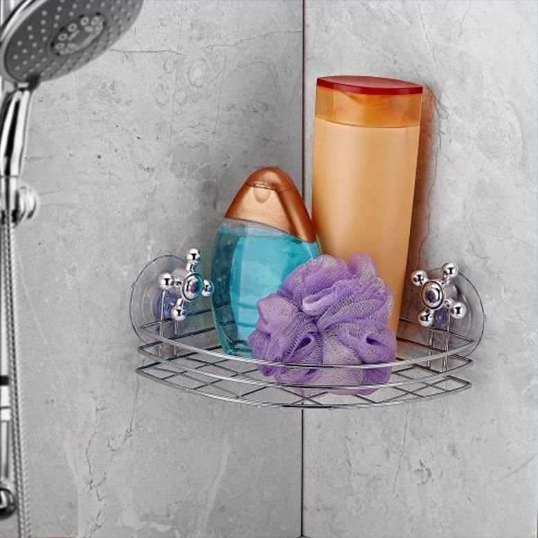 Krom Kaplama Retro Musluk Başı Modeli Vantuzlu Dekoratif Banyo Köşe Rafı 4 Vantuzlu