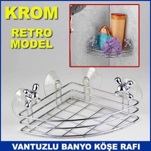 Krom Kaplama Retro Musluk Başı Modeli Vantuzlu Dekoratif Banyo Köşe Rafı 4 Vantuzlu