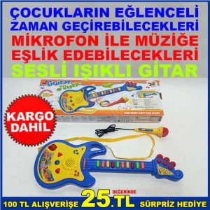 ÇOCUKLARIN MİKROFON İLE MÜZİĞE EŞLİK EDEBİLECEKLERİ SESLİ IŞIKLI GİTAR