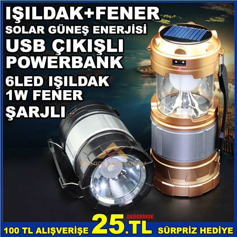 ŞARJLI ve SOLAR GÜNEŞ ENERJİLİ IŞILDAK+FENER ÇOK FONKSİYONLU KATLANIR MODEL 1W FENER+6 LED IŞILDAK