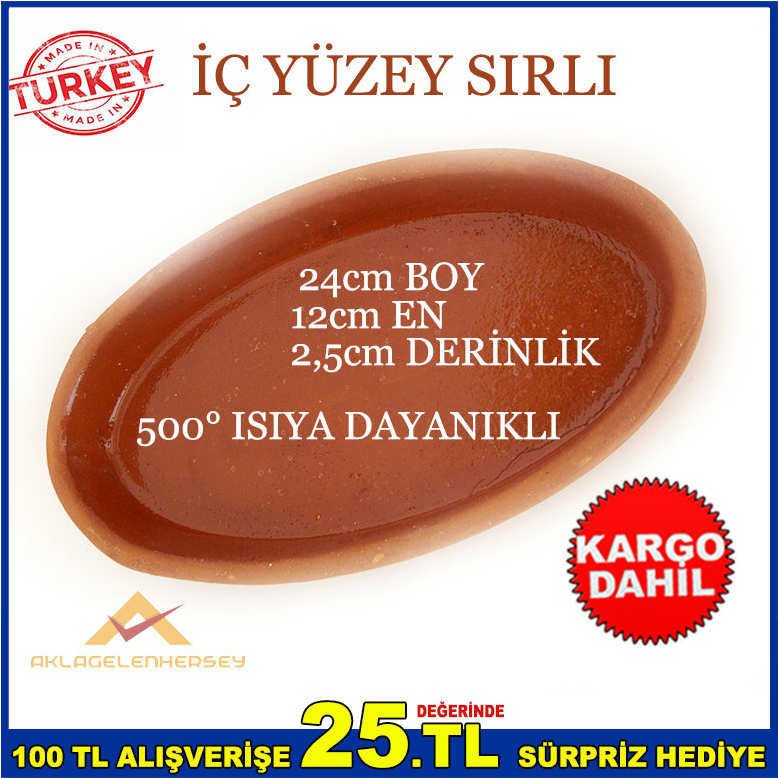 24x12cm 2'li SET TOPRAK GÜVEÇ KABI YÜKSEK ATEŞE DAYANIKLI GÜVEÇ FIRIN KABI 2 ADET TOPRAK KAYIK TABAK