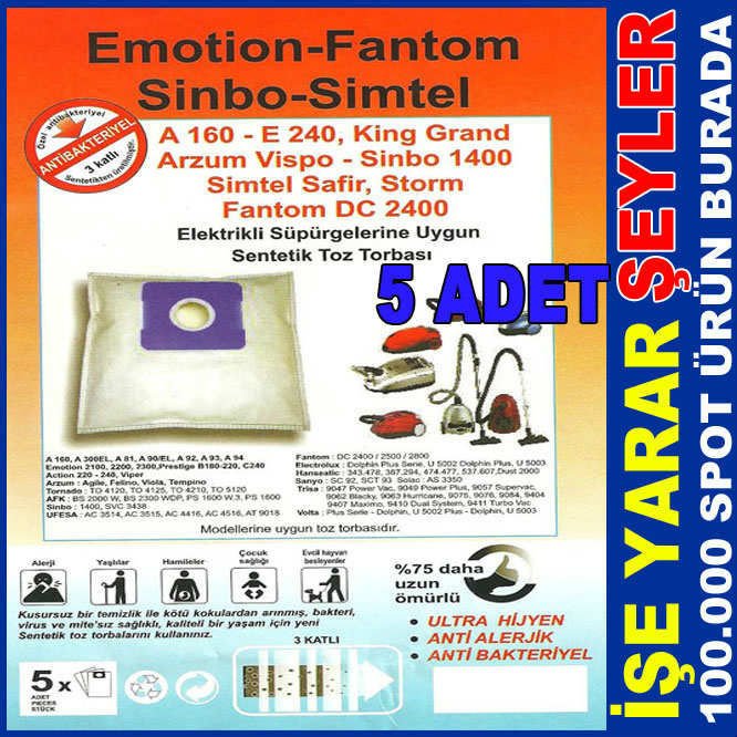 5 ADET SİNBO 1400 3 KAT SENTETİK TOZ TORBASI