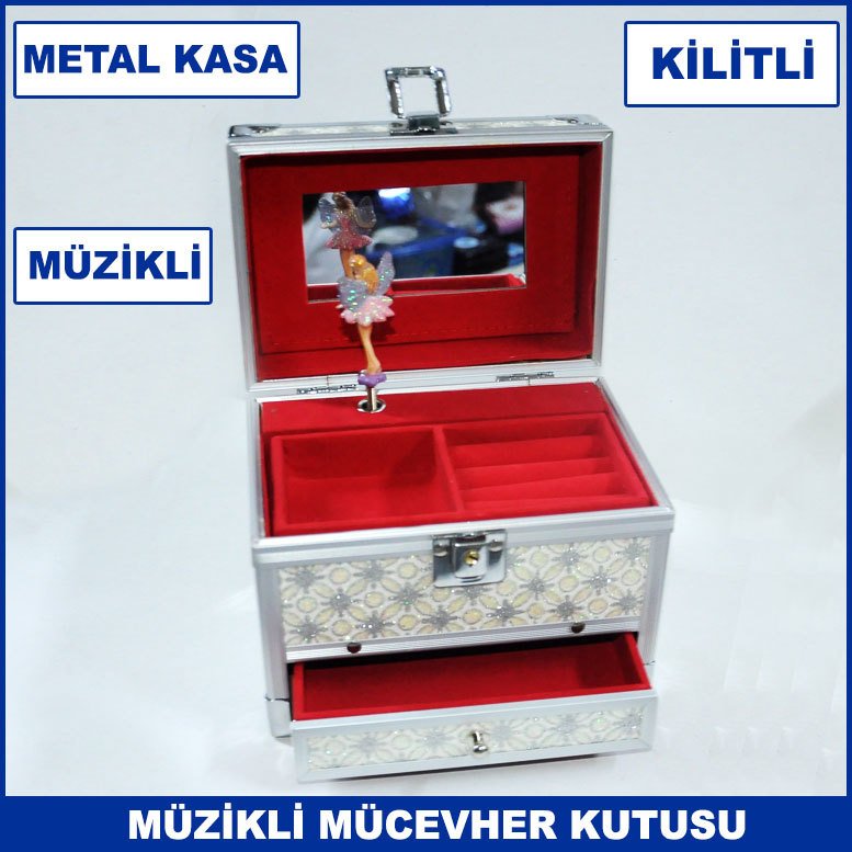 Metal Kasa Balerina Müzikli, Kilitli ve Çekmeceli 16 cm  Mücevher Kutusu