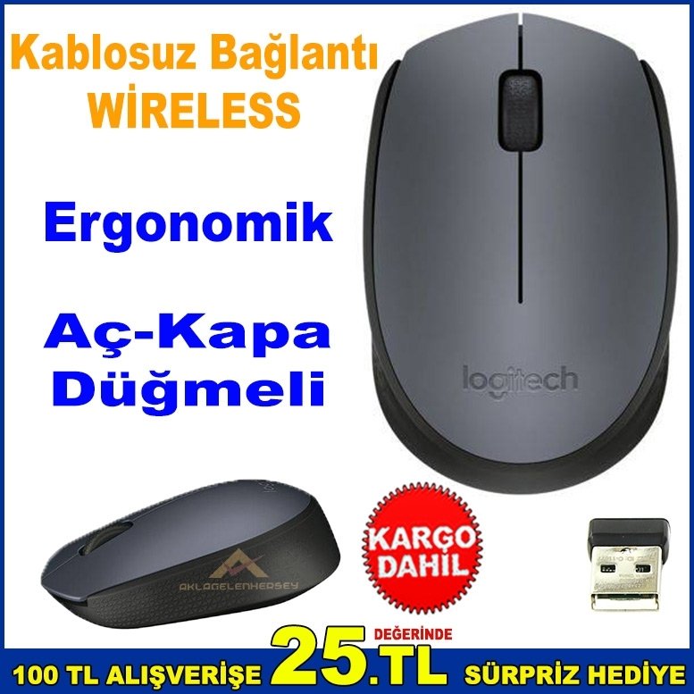 Logitech M170 Kablosuz Mouse Wireless Açma-Kapama Düğmeli 10x6cm