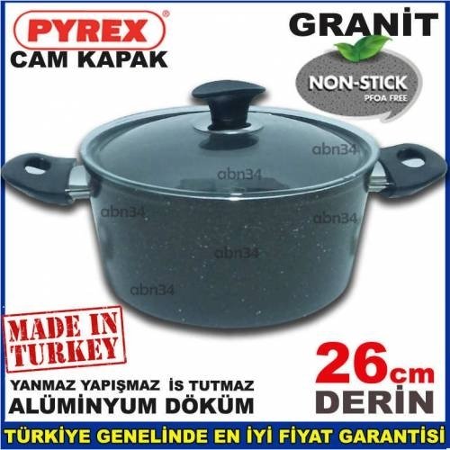 26cm Döküm Alüminyum Full Granit Kaplama Tencere Cam Kapakli